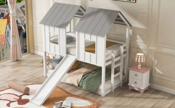 Twin Wood House Bunk Bed with Slide - Image 3